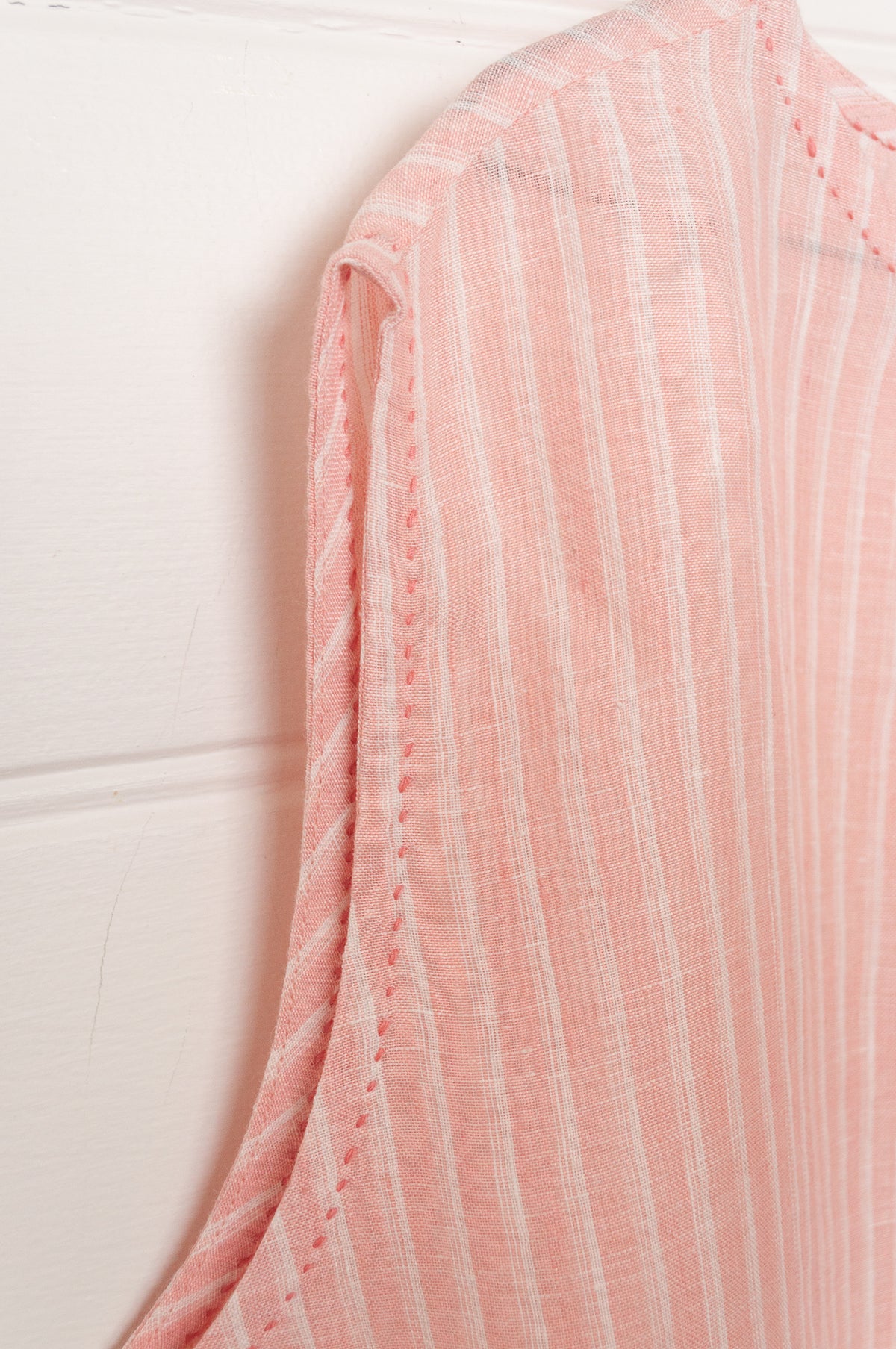 DVE AIshani sleeveless one size top in handloom linen in rose pink and white stripe.