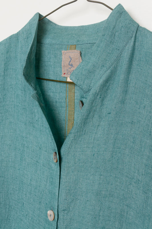 DVE Tara linen button up shirtdress in mineral green.