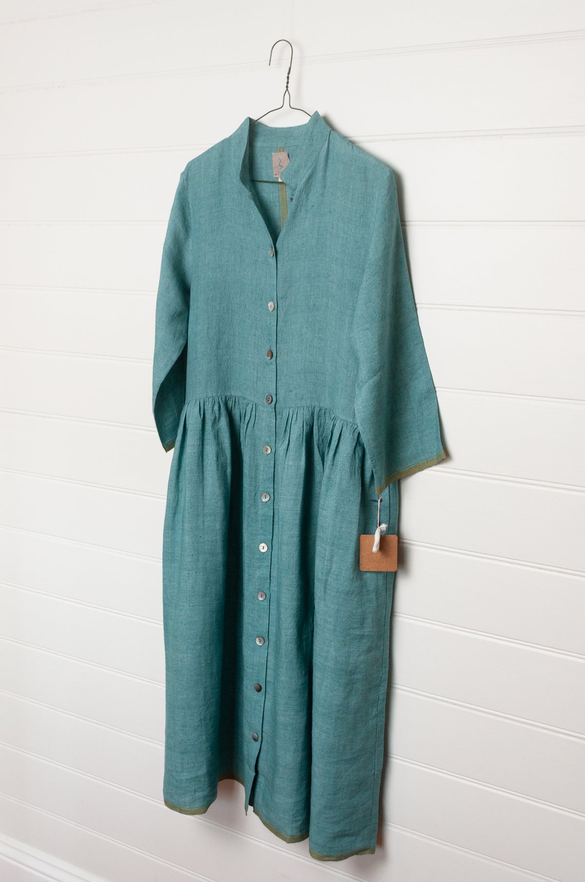 DVE Tara linen button up shirtdress in mineral green.