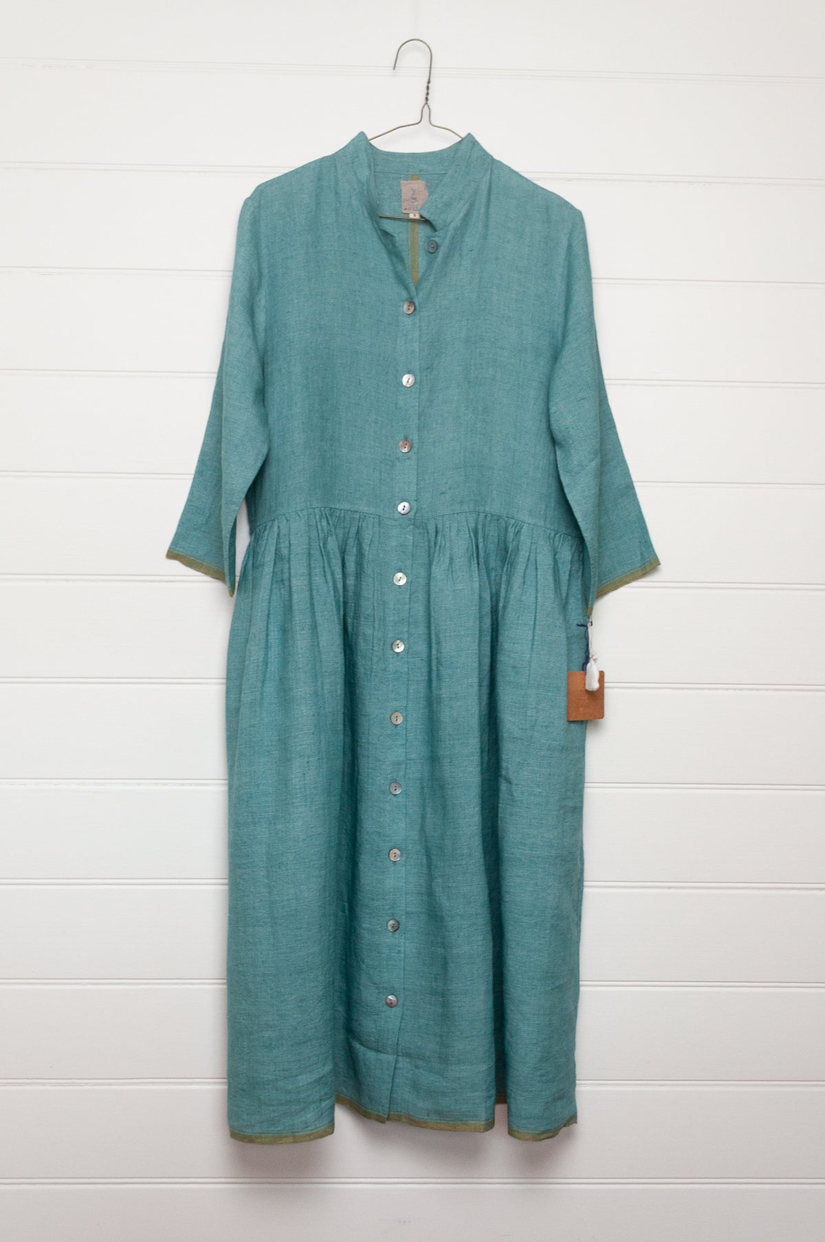 DVE Tara linen button up shirtdress in mineral green.