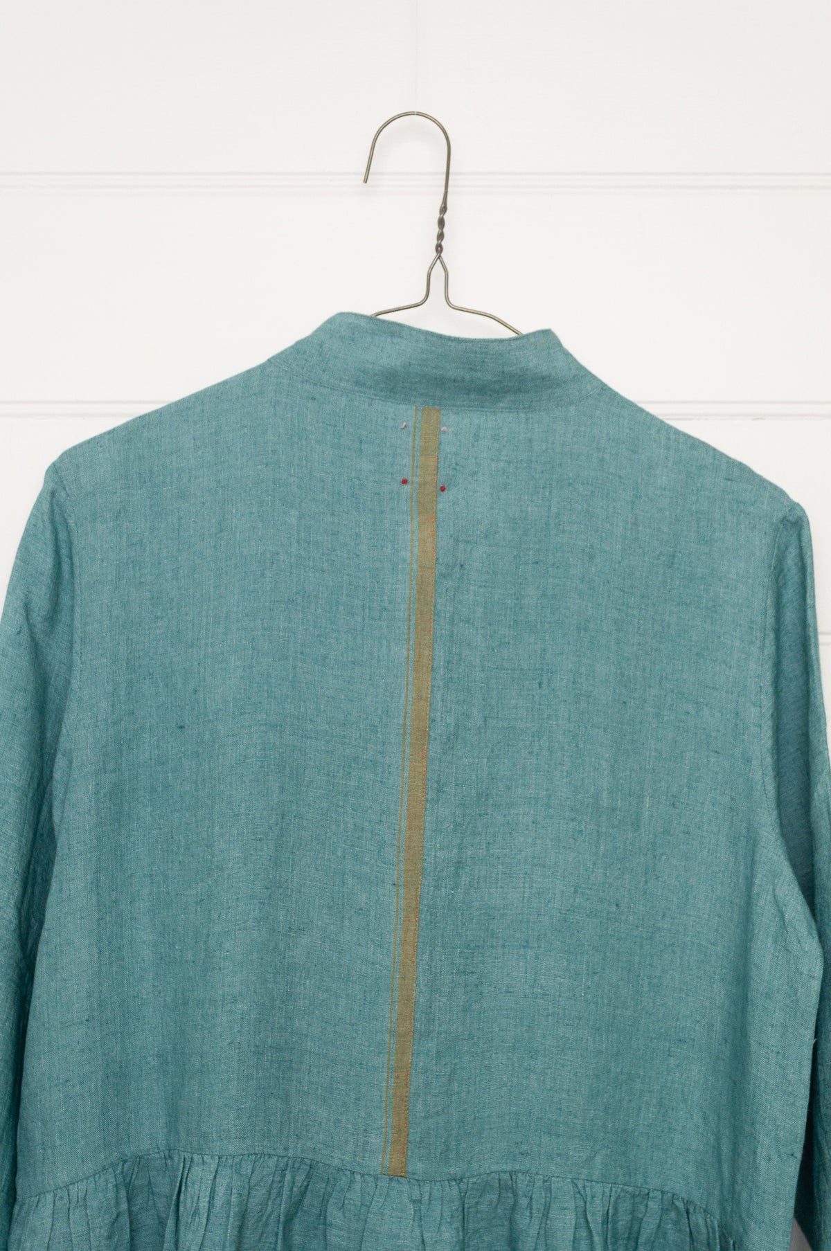 DVE Tara linen button up shirtdress in mineral green.