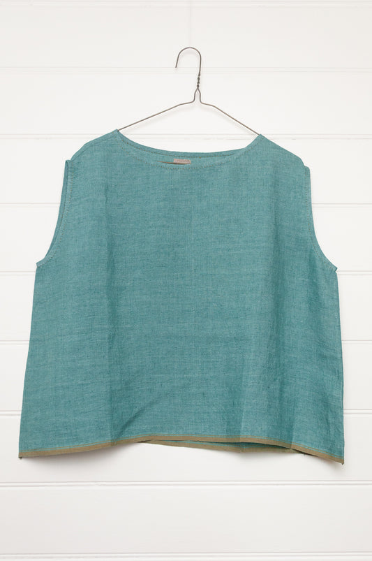 DVE Aishani one size crop sleeveless top in mineral green handloom linen.