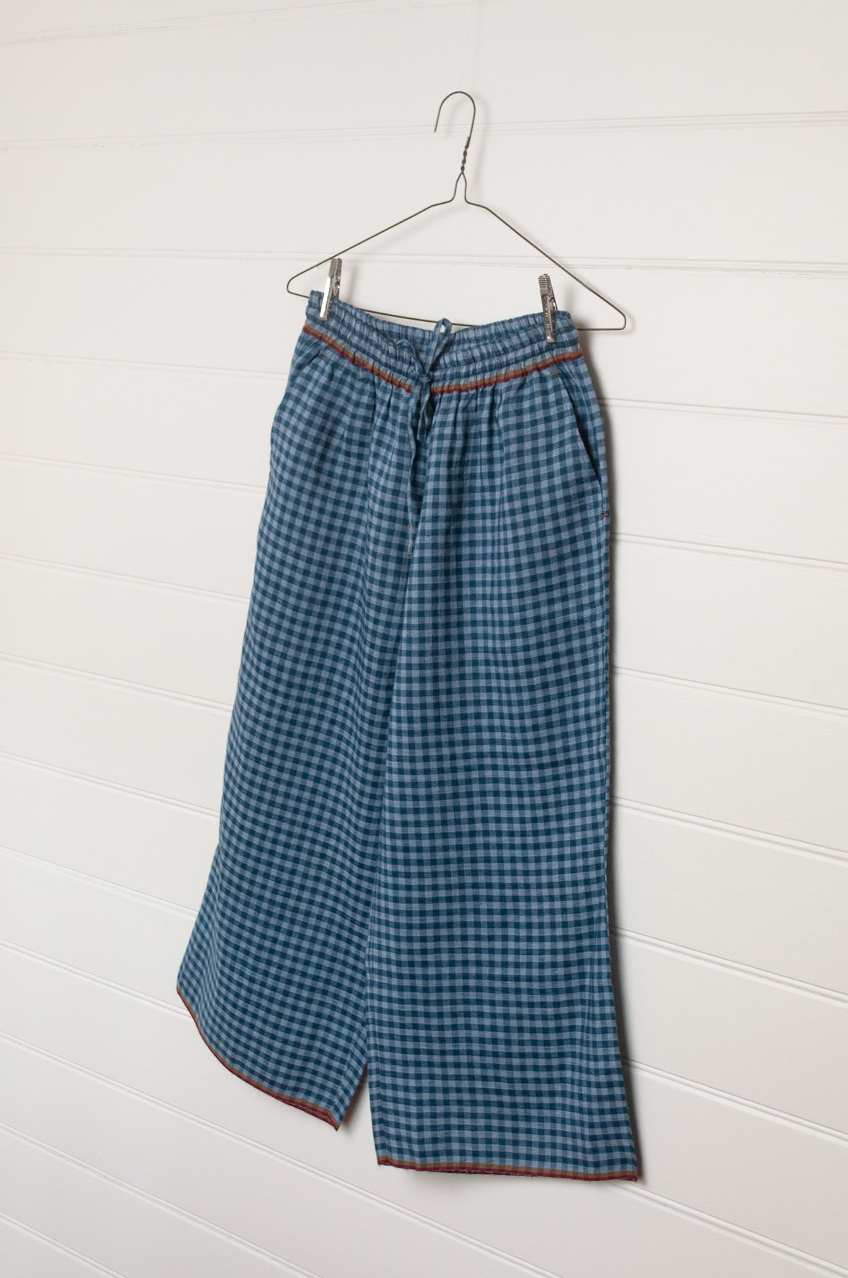 DVE Dityaa wide leg elastic waist pants in blue ashes check gingham handloom linen.
