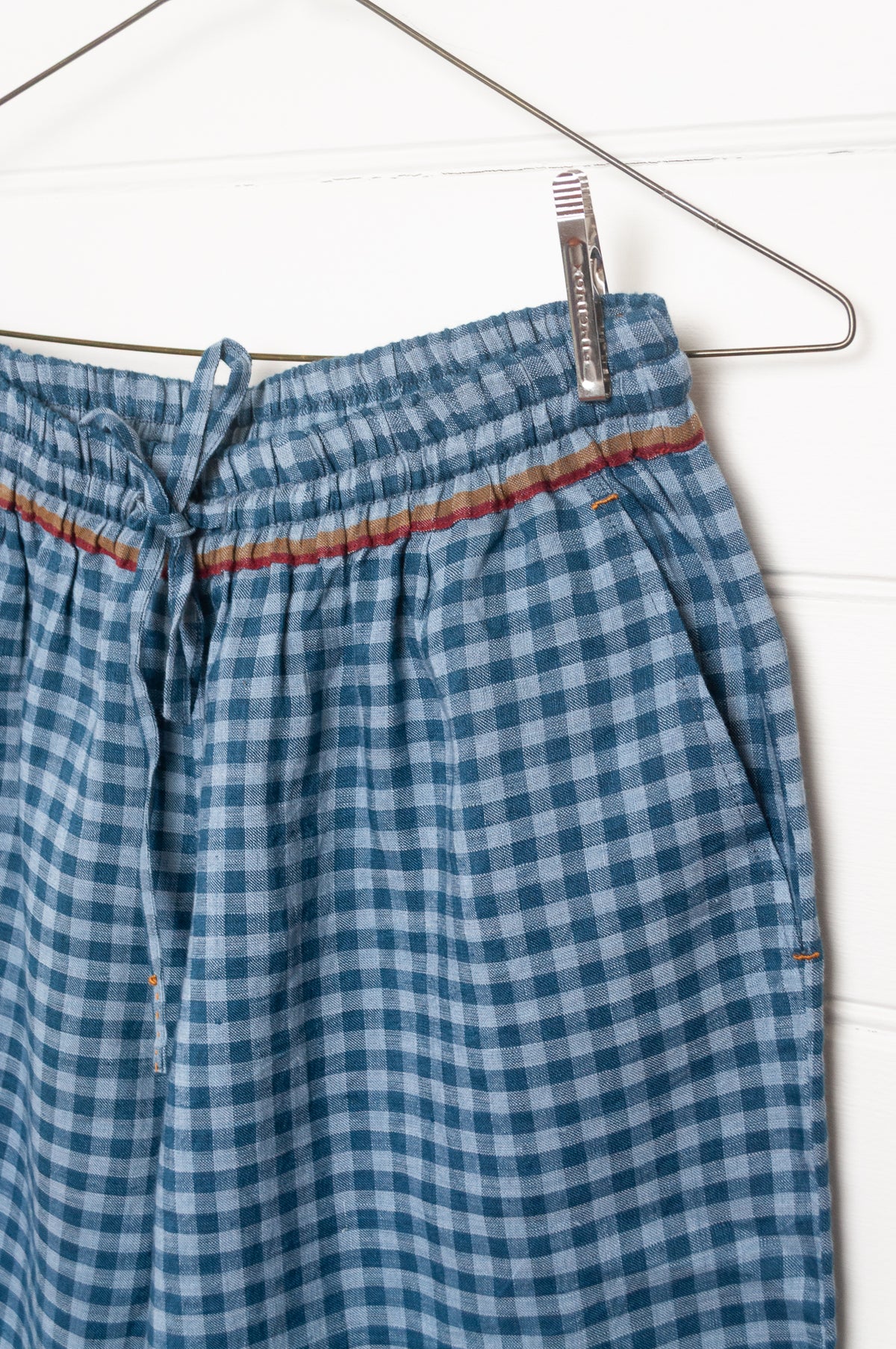 DVE Dityaa wide leg elastic waist pants in blue ashes check gingham handloom linen.