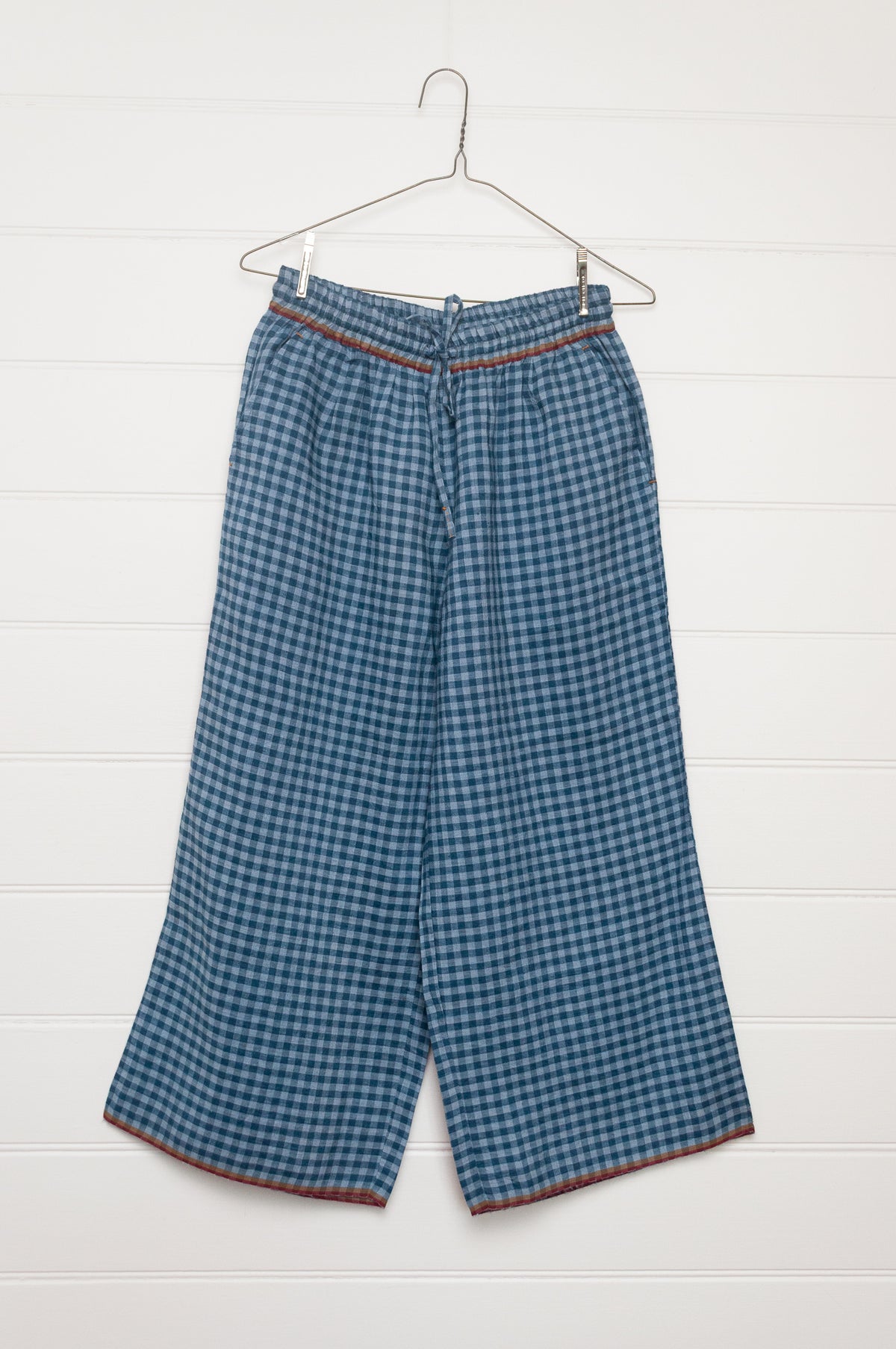 DVE Dityaa wide leg elastic waist pants in blue ashes check gingham handloom linen.