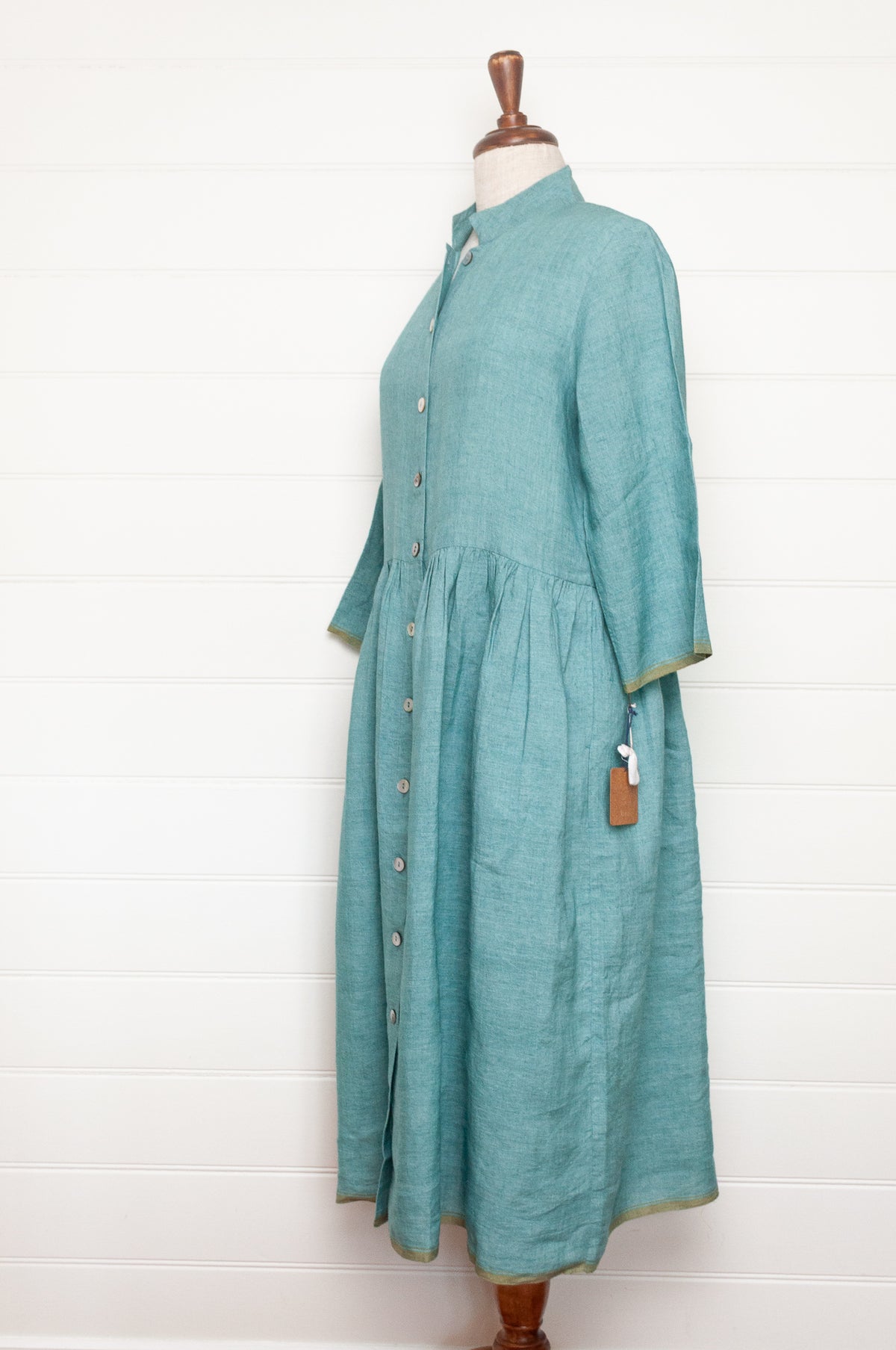 DVE Tara linen button up shirtdress in mineral green.