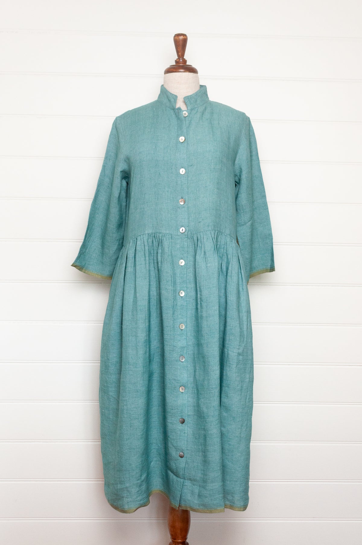 DVE Tara linen button up shirtdress in mineral green.