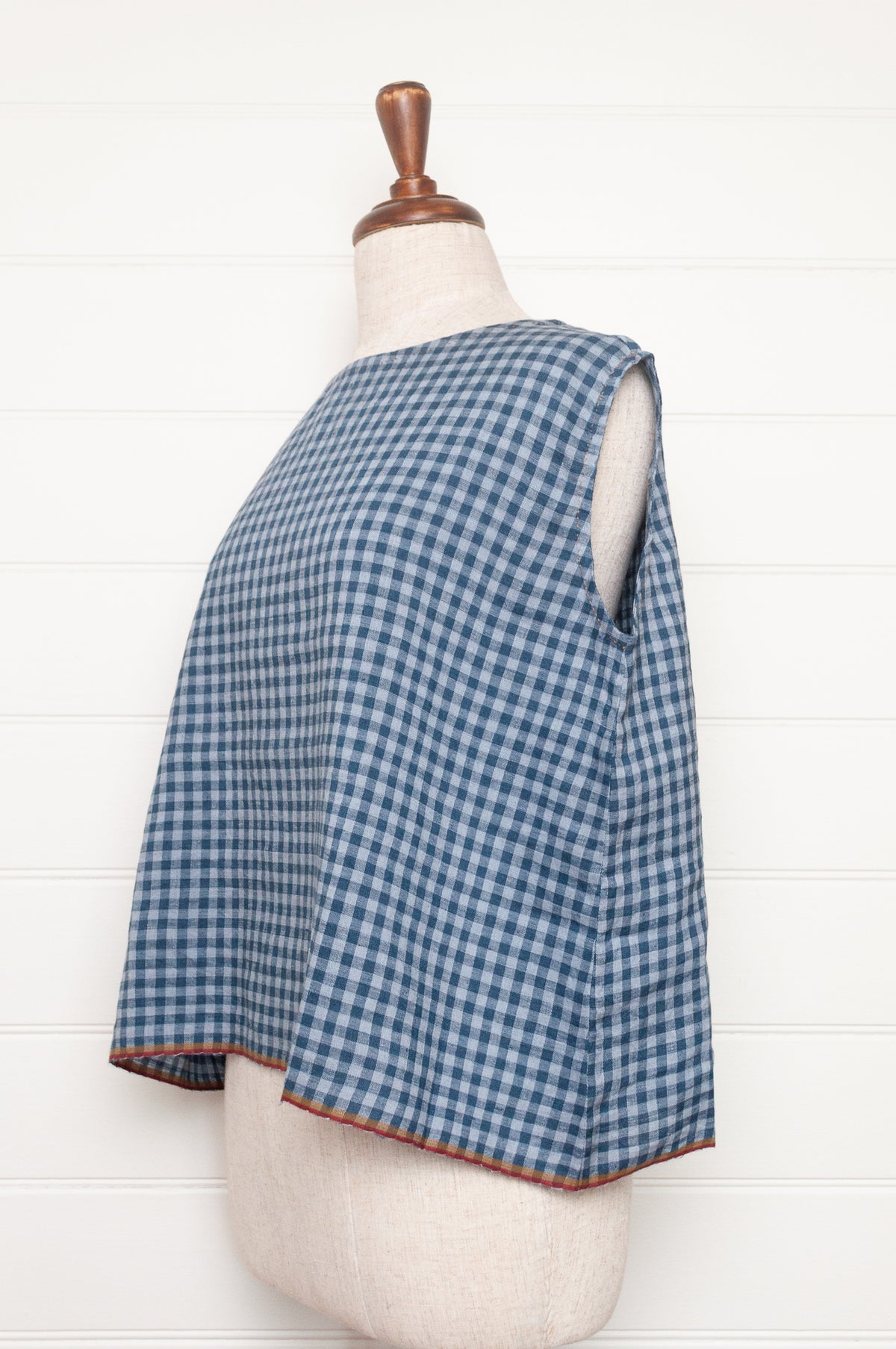 DVE Aishani sleeveless one size top in handloom linen in blue ashes check gingham.