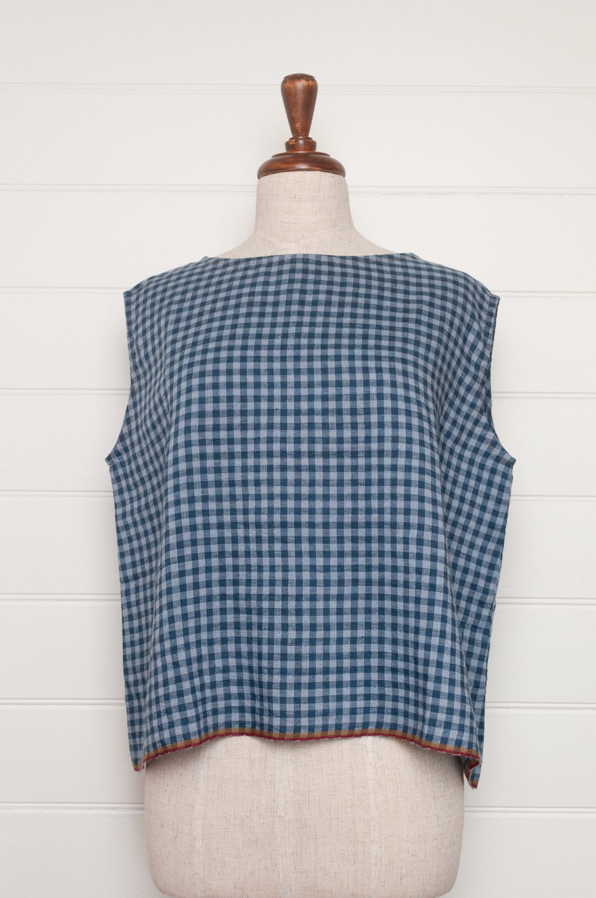 DVE Aishani sleeveless one size top in handloom linen in blue ashes check gingham.