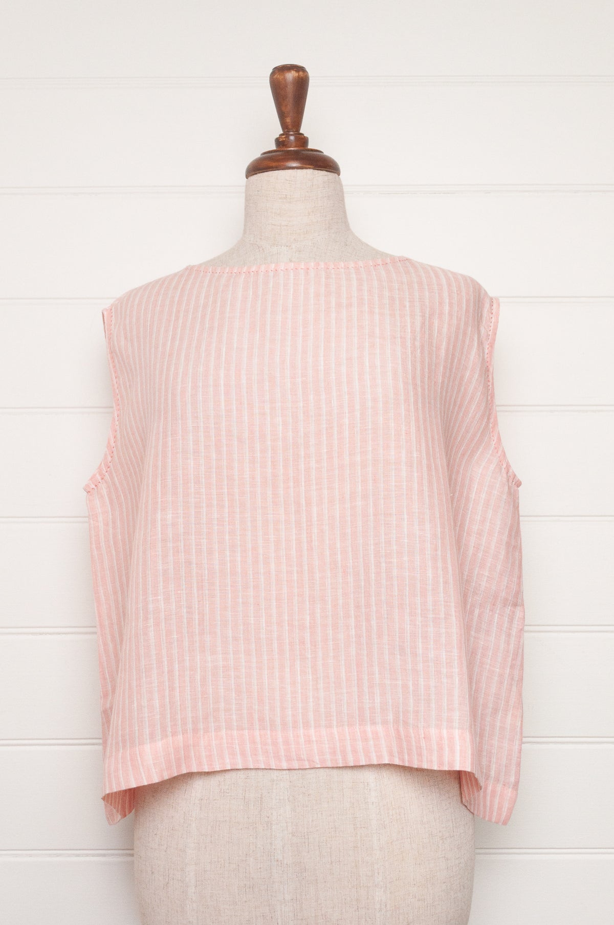 DVE AIshani sleeveless one size top in handloom linen in rose pink and white stripe.