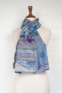 Letol made in France organic cotton scarf Flavie tree of life design in light denim blue with mauve and vermilion.