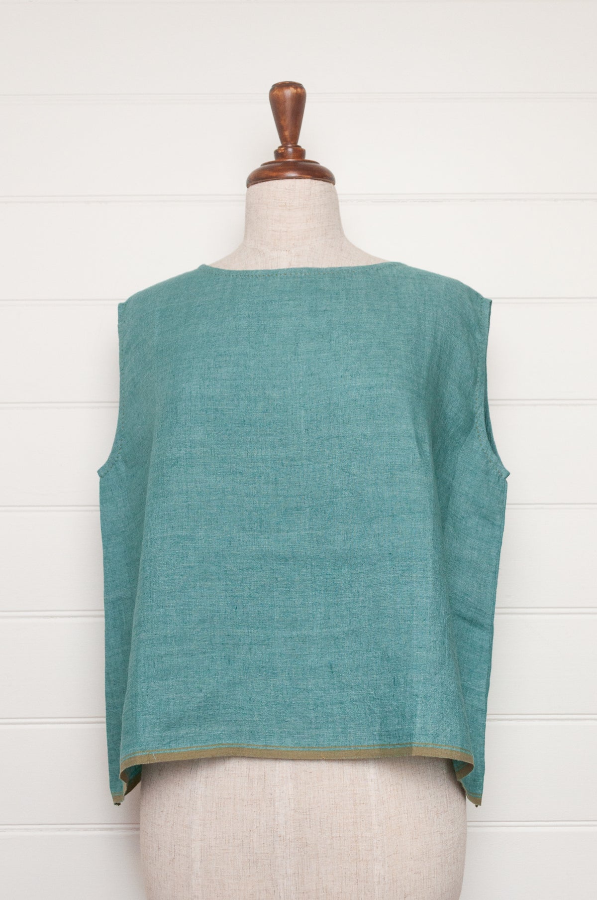DVE Aishani one size crop sleeveless top in mineral green handloom linen.
