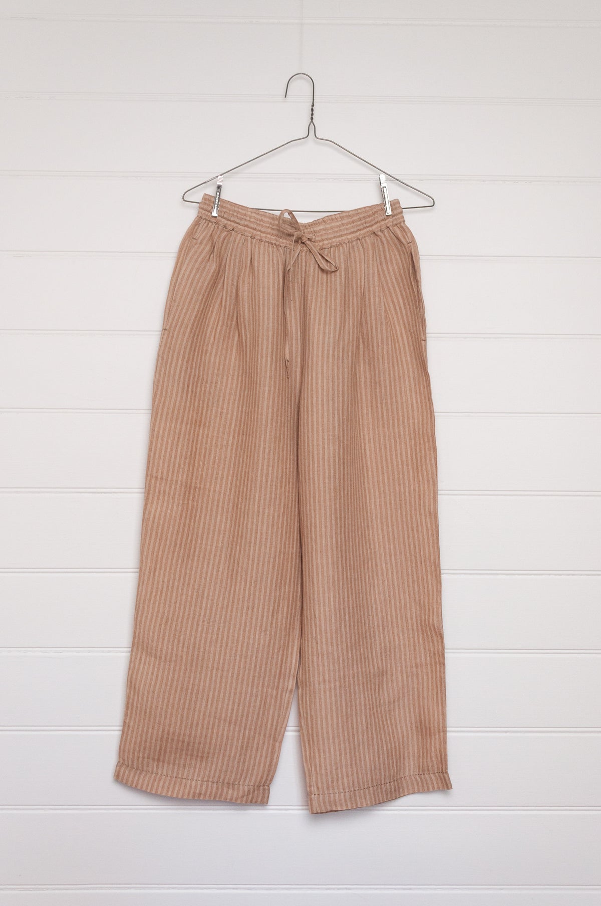 DVE Bala linen stripe pull on elastic waist pants in dune beige and natural stripe.
