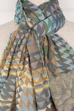 Load image into Gallery viewer, Letol scarf made in france organic cotton Casimir design in Pewter, gold and soft aqua.