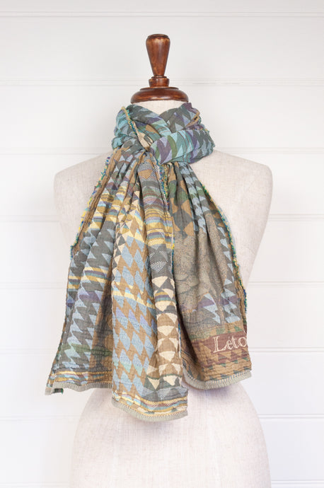 Letol scarf made in france organic cotton Casimir design in Pewter, gold and soft aqua.