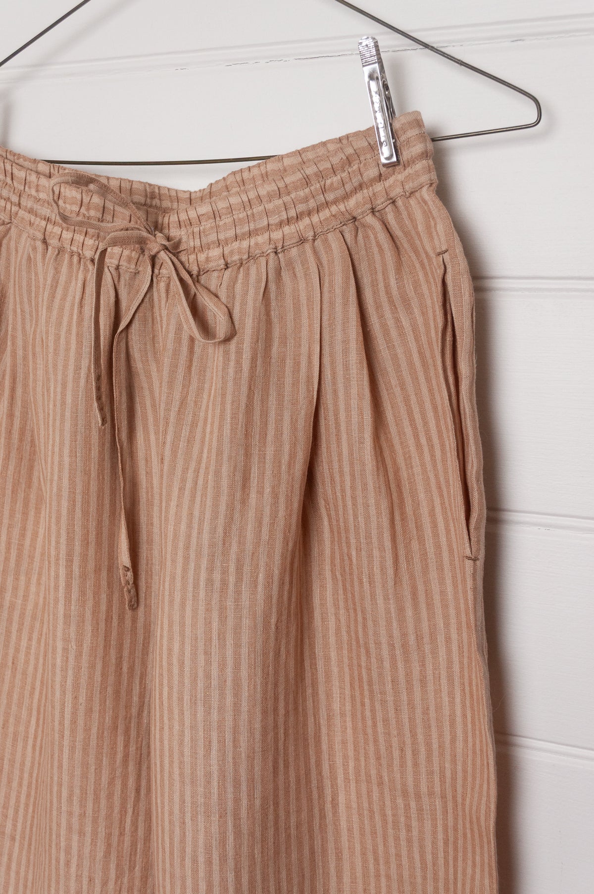 DVE Bala linen stripe pull on elastic waist pants in dune beige and natural stripe.