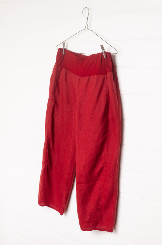 Valia pure linen Sydney pants made in Melbourne in deep ketchup red.