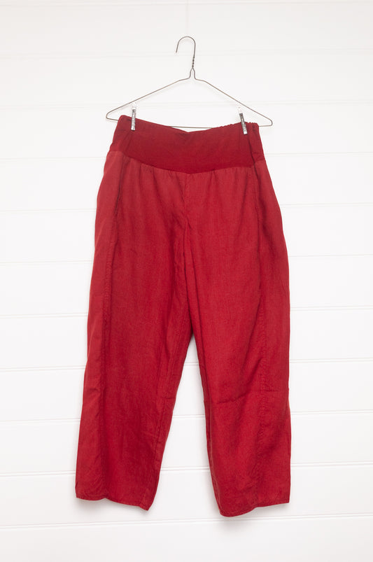 Valia pure linen Sydney pants made in Melbourne in deep ketchup red.
