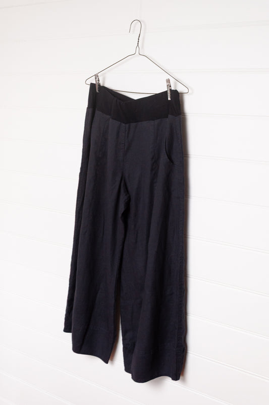 Valia pure linen Charlie wide leg pants made in Melbourne in deep navy blue.