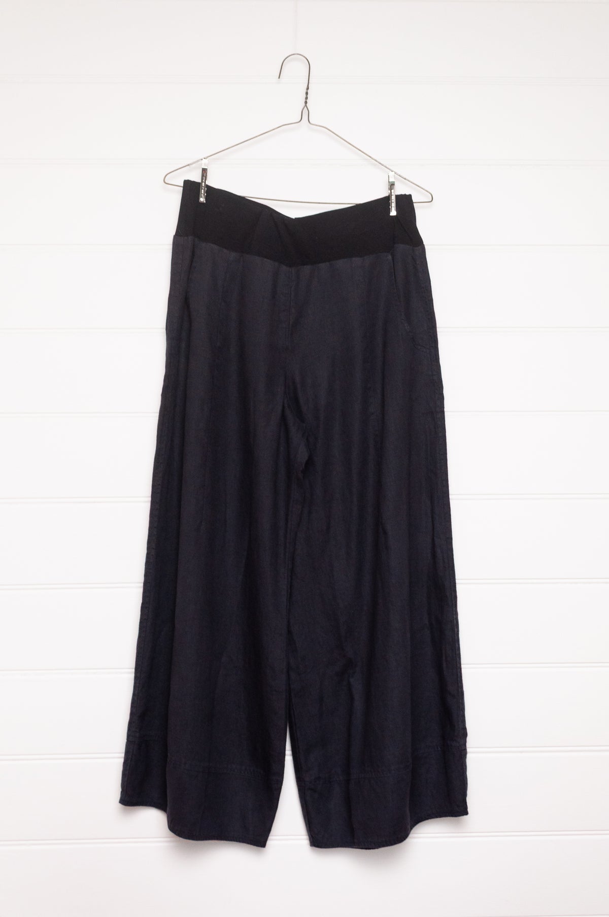 Valia pure linen Charlie wide leg pants made in Melbourne in deep navy blue.