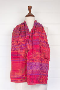 Letol made in France organic cotton scarf Perrine floral in bouquet right magenta, mauve and red.