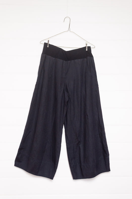 Valia pure linen Charlie wide leg pants made in Melbourne in deep navy blue.