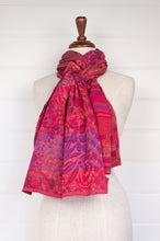 Load image into Gallery viewer, Letol made in France organic cotton scarf Perrine floral in bouquet right magenta, mauve and red.