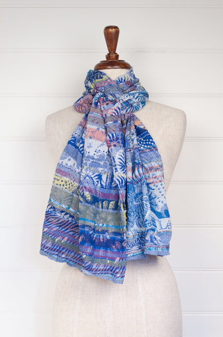 Letol scarf made in france organic cotton Anemone design in curacao blue and lavender.
