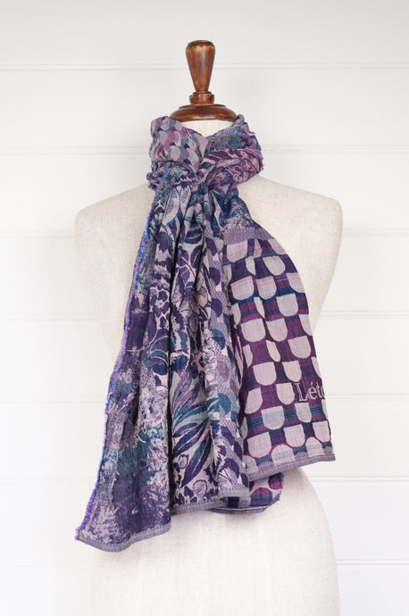 Letol made in France organic cotton scarf Perrine floral in myrtilles, deep purple, lilac and turquoise