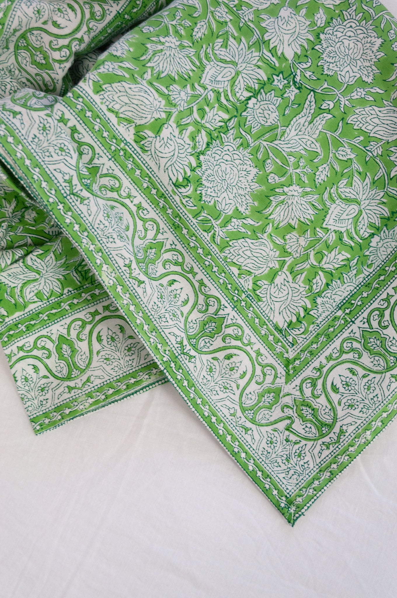 Blockprinted  cotton tablecloth in lime green and white floral design, made by hand.