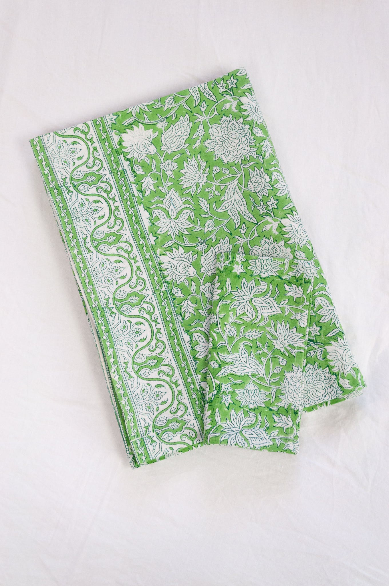 Blockprinted  cotton tablecloth in lime green and white floral design, made by hand.