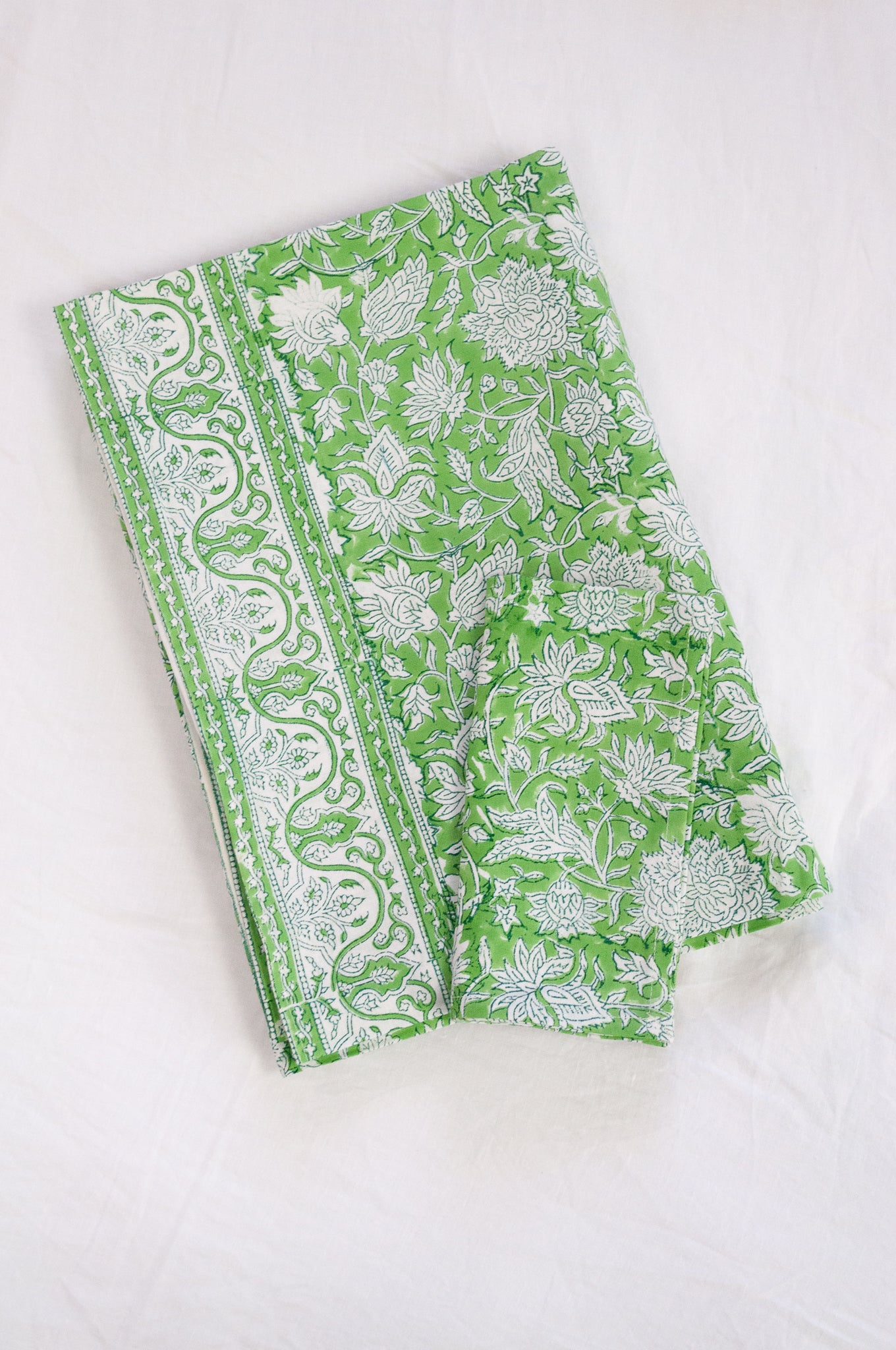 Blockprinted  cotton tablecloth in lime green and white floral design, made by hand.