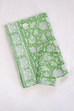 Load image into Gallery viewer, Blockprinted  cotton tablecloth in lime green and white floral design, made by hand.