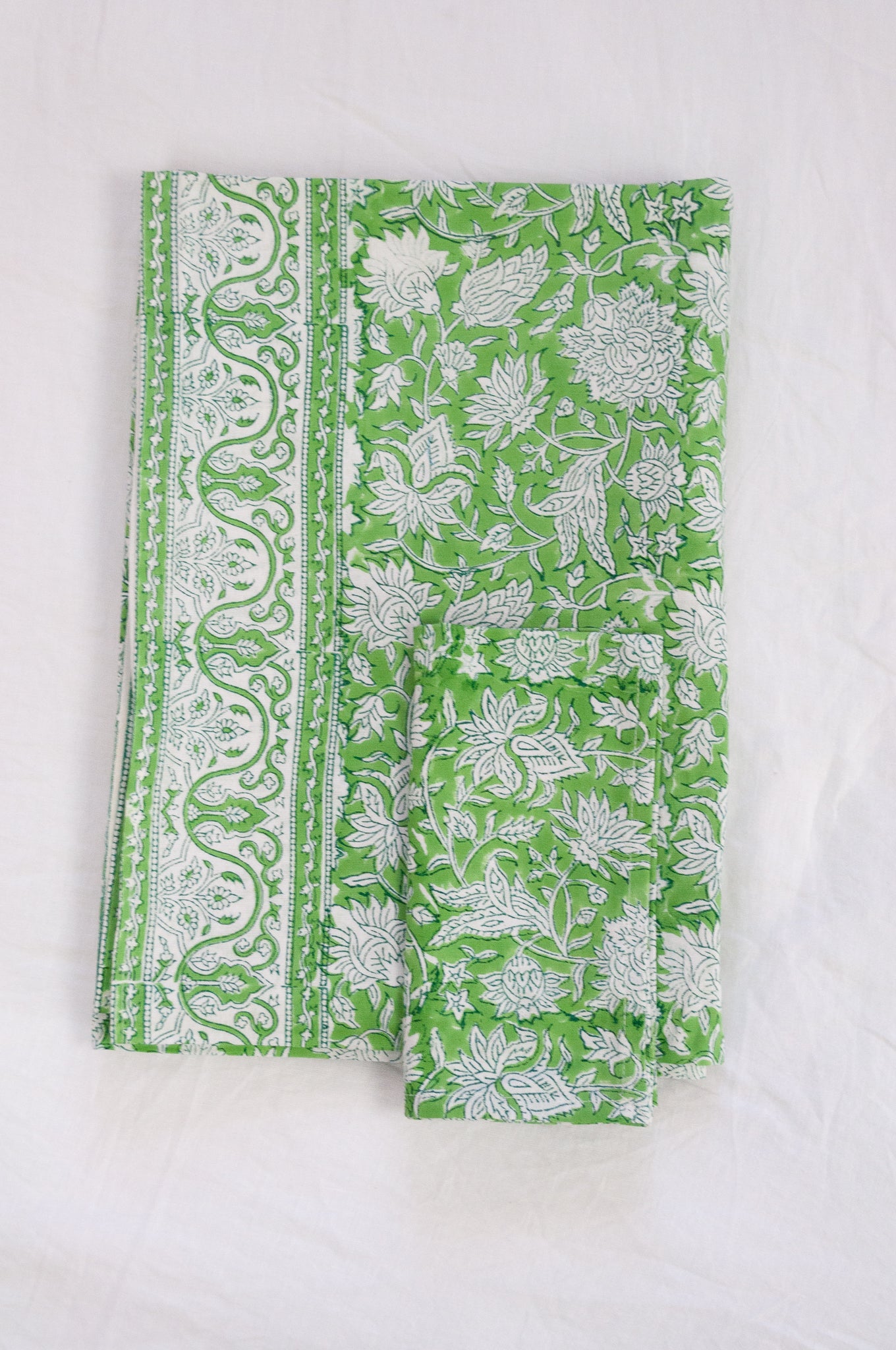Blockprinted  cotton tablecloth in lime green and white floral design, made by hand.