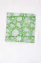 Load image into Gallery viewer, Blockprinted  cotton napkins in lime green and white floral design, made by hand.