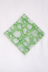 Blockprinted  cotton napkins in lime green and white floral design, made by hand.