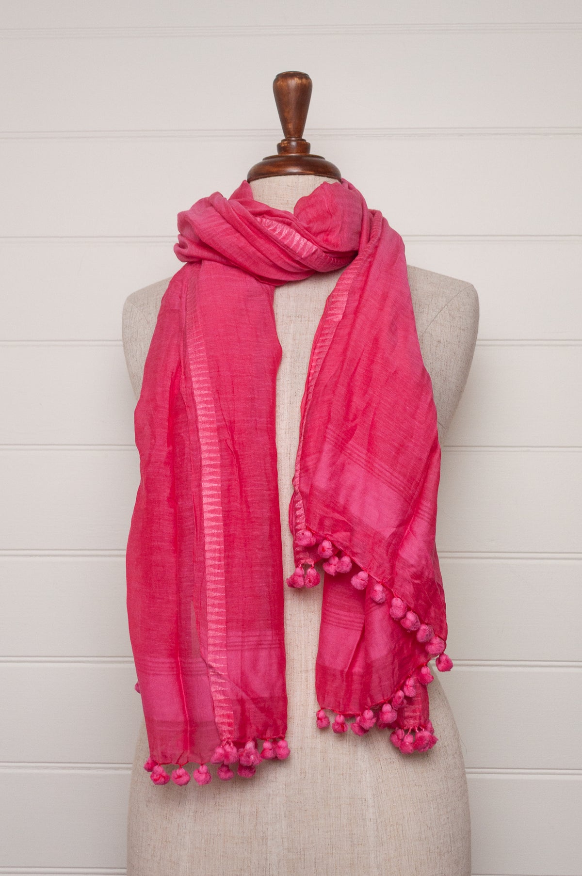 Silk cotton pompom scarf - Hot pink