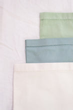 Load image into Gallery viewer, Plain cotton napkins with faggot hem detail in three colours, white, celadon and sage.