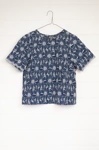 Navy and white daisy broderie cotton top, made in Australia.