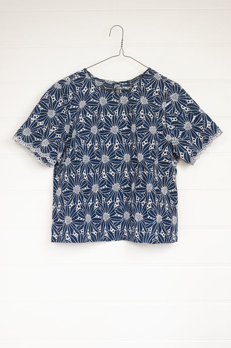 Navy and white daisy broderie cotton top, made in Australia.
