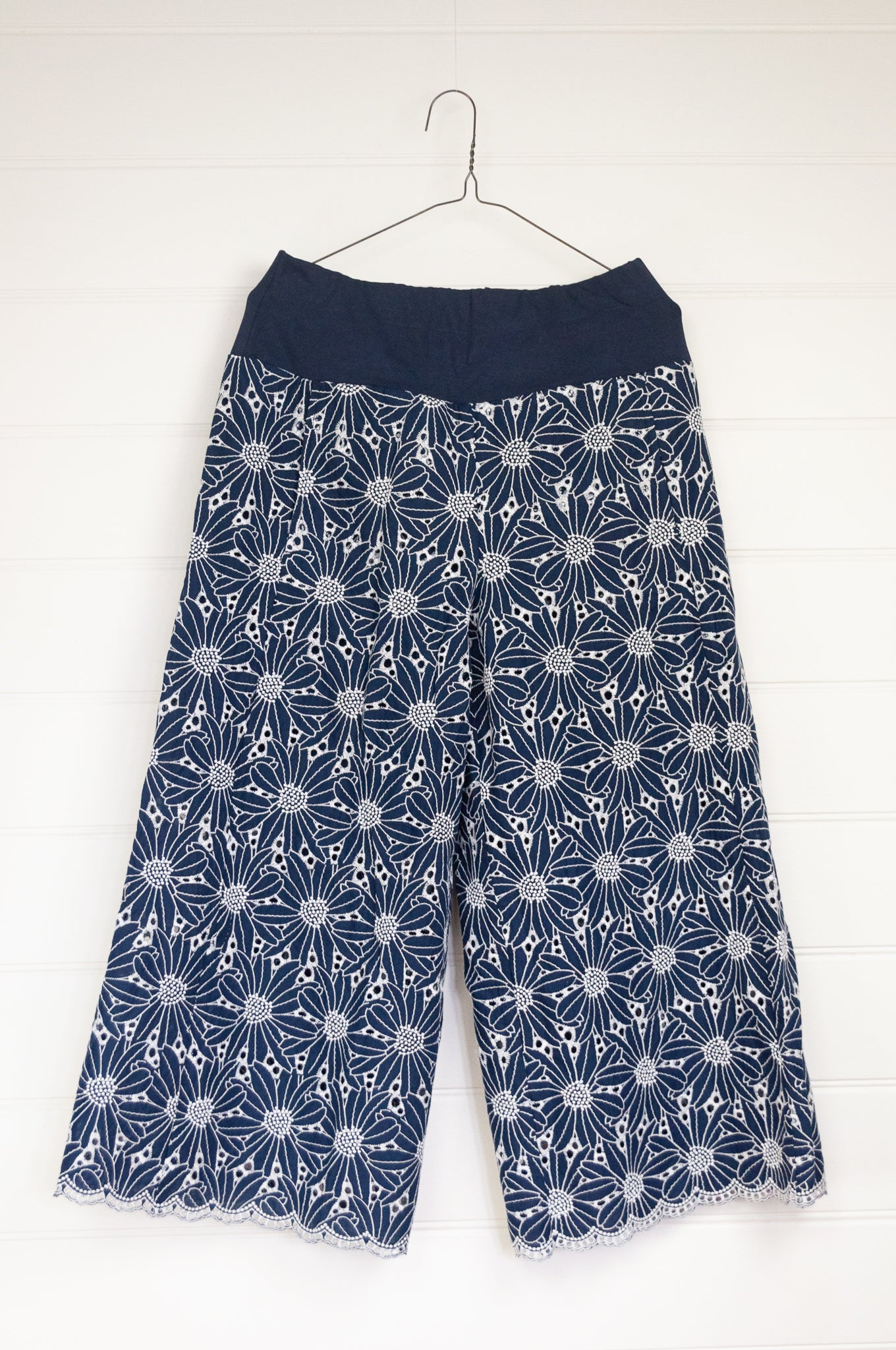 Valia made in Australia broderie wide leg Deauville pants in navy blue and white.