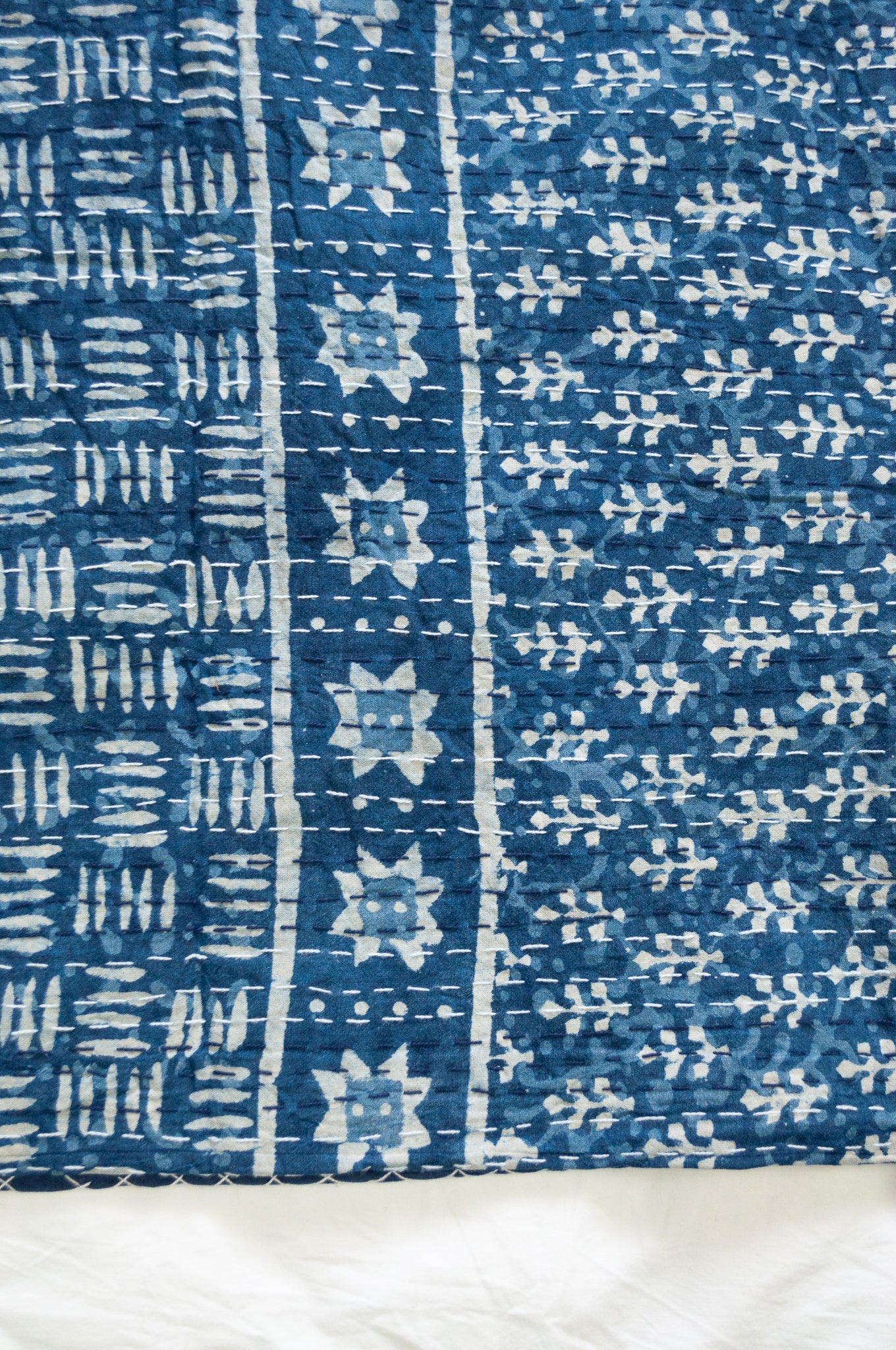 Indigo and white patterned blockprint kantha quilt, pure cotton hand stitched.