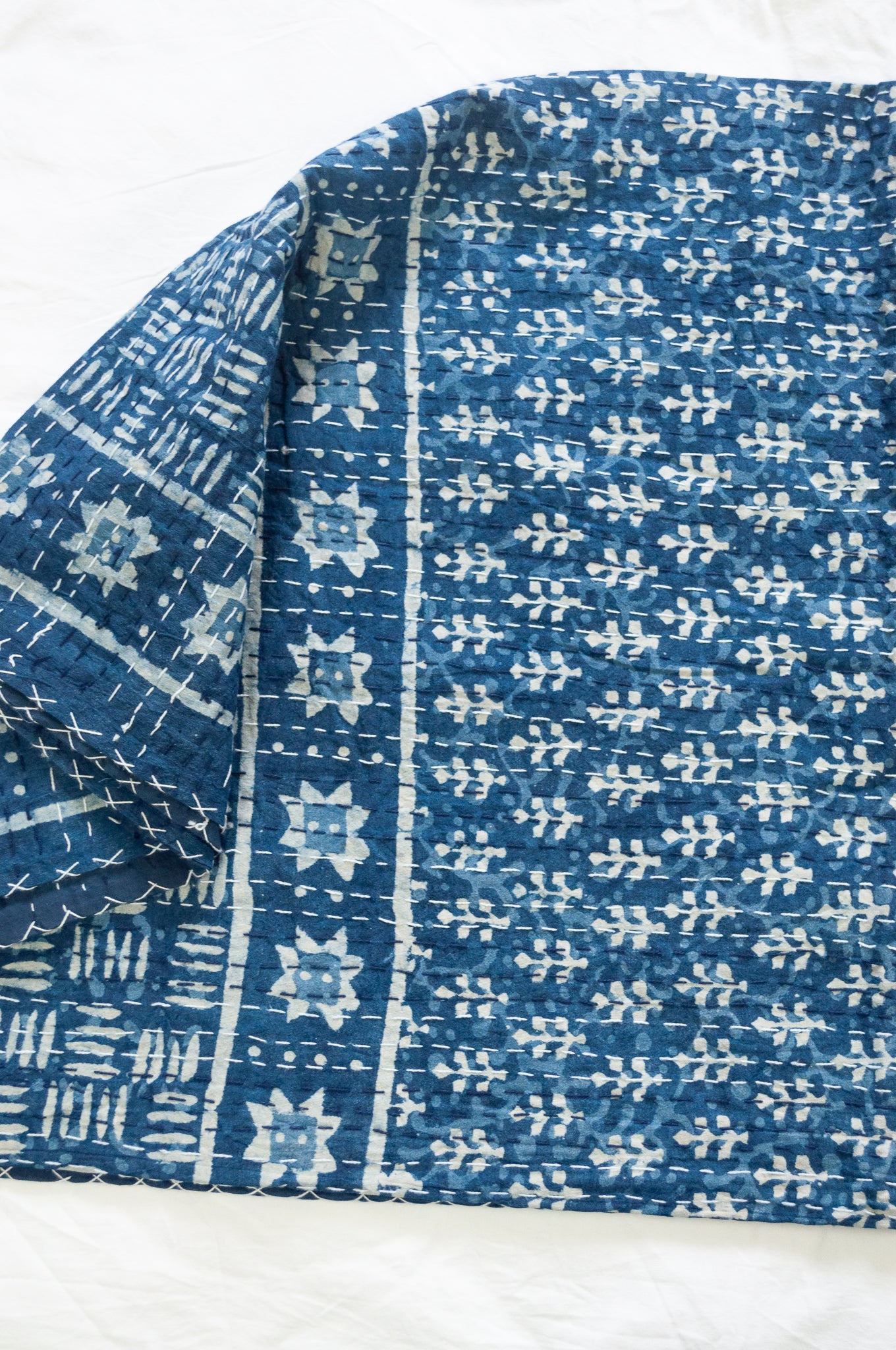 Indigo and white patterned blockprint kantha quilt, pure cotton hand stitched.