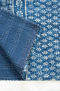 Indigo and white patterned blockprint kantha quilt, pure cotton hand stitched.