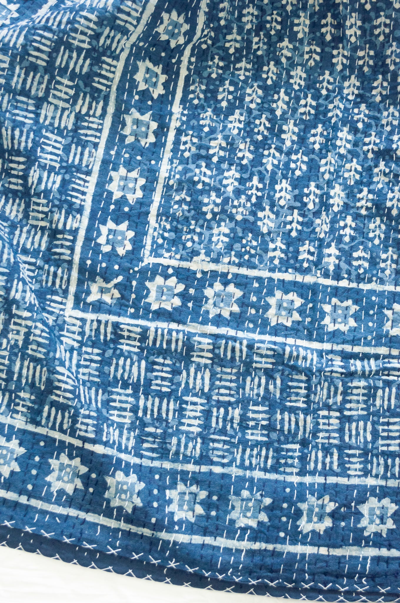 Indigo and white patterned blockprint kantha quilt, pure cotton hand stitched.