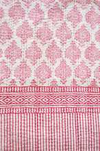 Load image into Gallery viewer, Raspberry red on white Mughal motif blockprint kantha quilt.