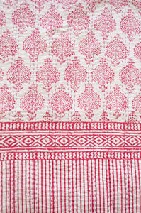 Raspberry red on white Mughal motif blockprint kantha quilt.