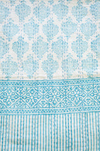 Load image into Gallery viewer, Aqua blue on white Mughal motif blockprint kantha quilt.
