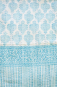 Aqua blue on white Mughal motif blockprint kantha quilt.