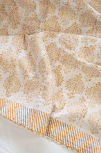 Load image into Gallery viewer, Mustard yellow on white Mughal motif blockprint kantha quilt.